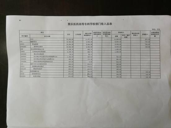 2018年度重庆医药高专收入预算总表